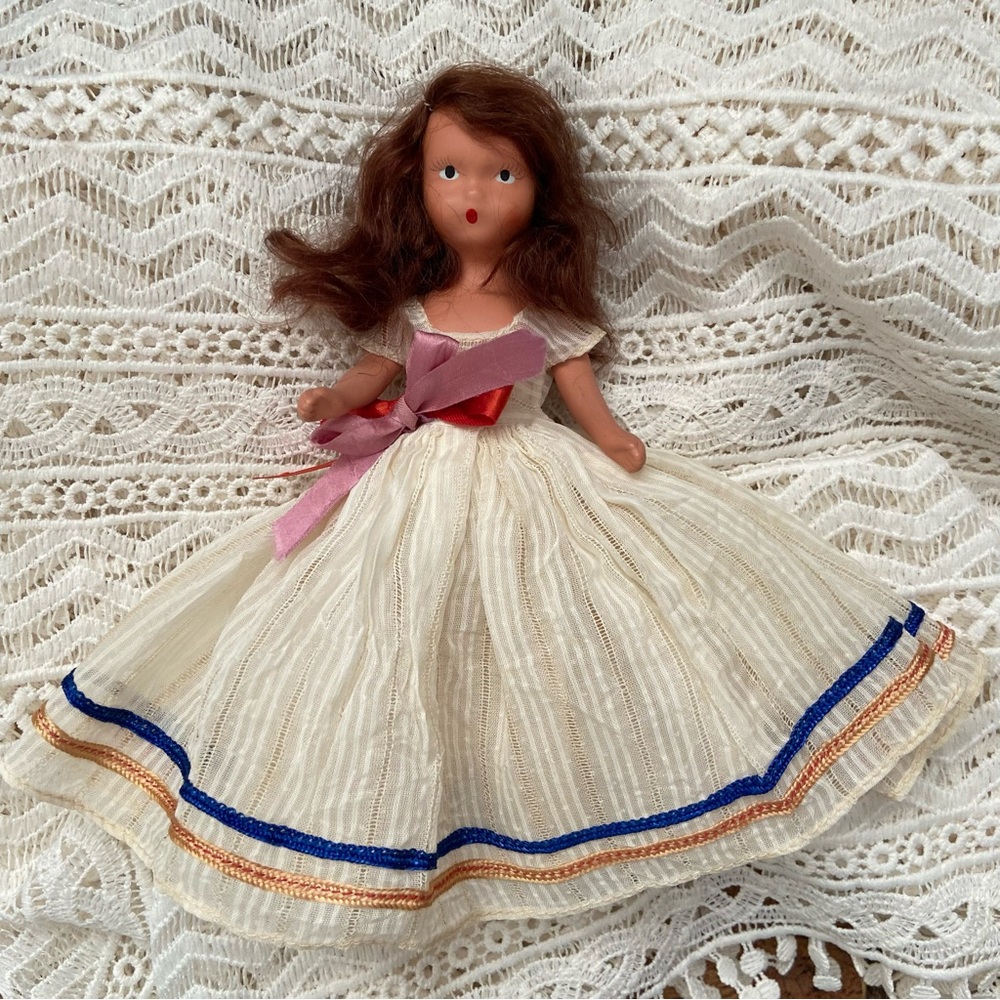 Vintage Nancy Ann Storybook Fairytale Bisque Doll, Auburn Hair in Cream Dress